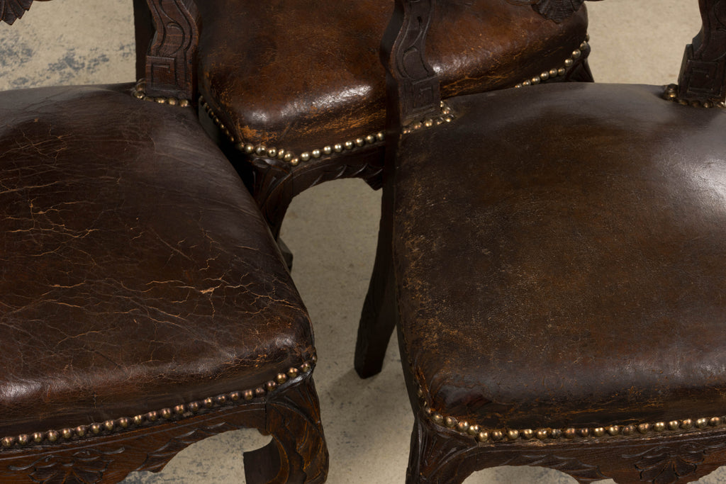 Antique French Louis XV Style Oak Dining Chairs W/ Brown Leather - Set of 8