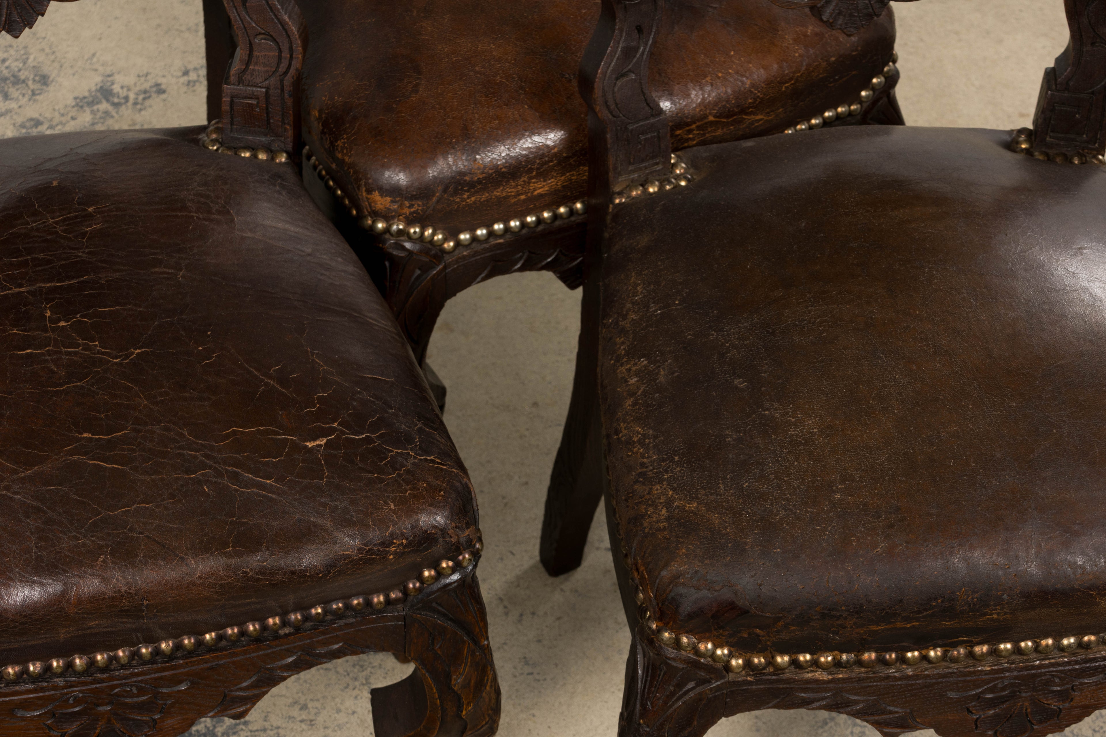 Antique French Louis XV Style Oak Dining Chairs W/ Brown Leather - Set of 8