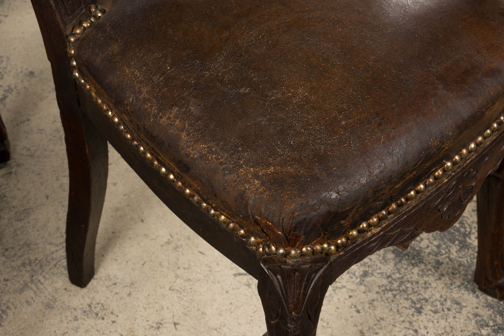 Antique French Louis XV Style Oak Dining Chairs W/ Brown Leather - Set of 8