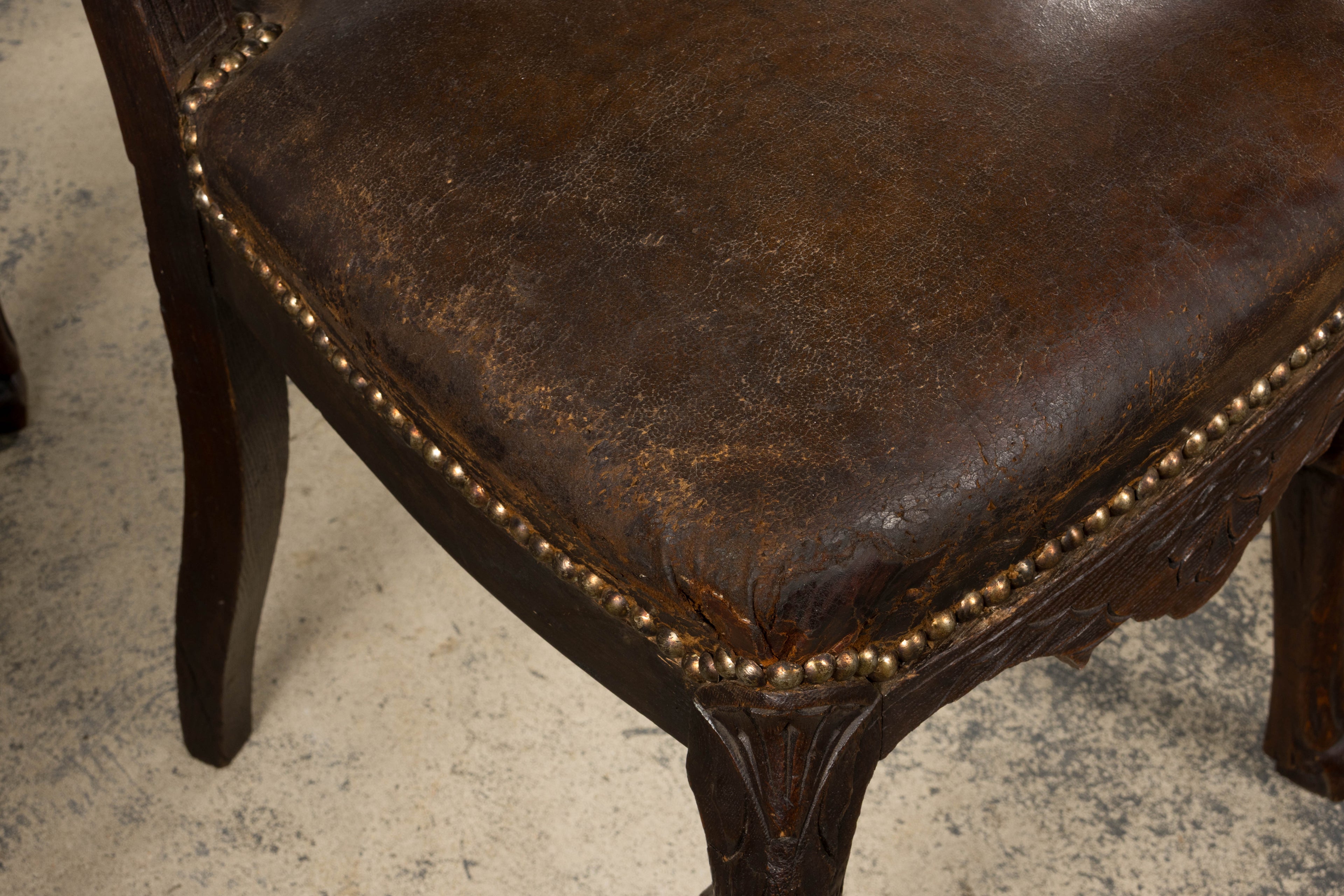 Antique French Louis XV Style Oak Dining Chairs W/ Brown Leather - Set of 8