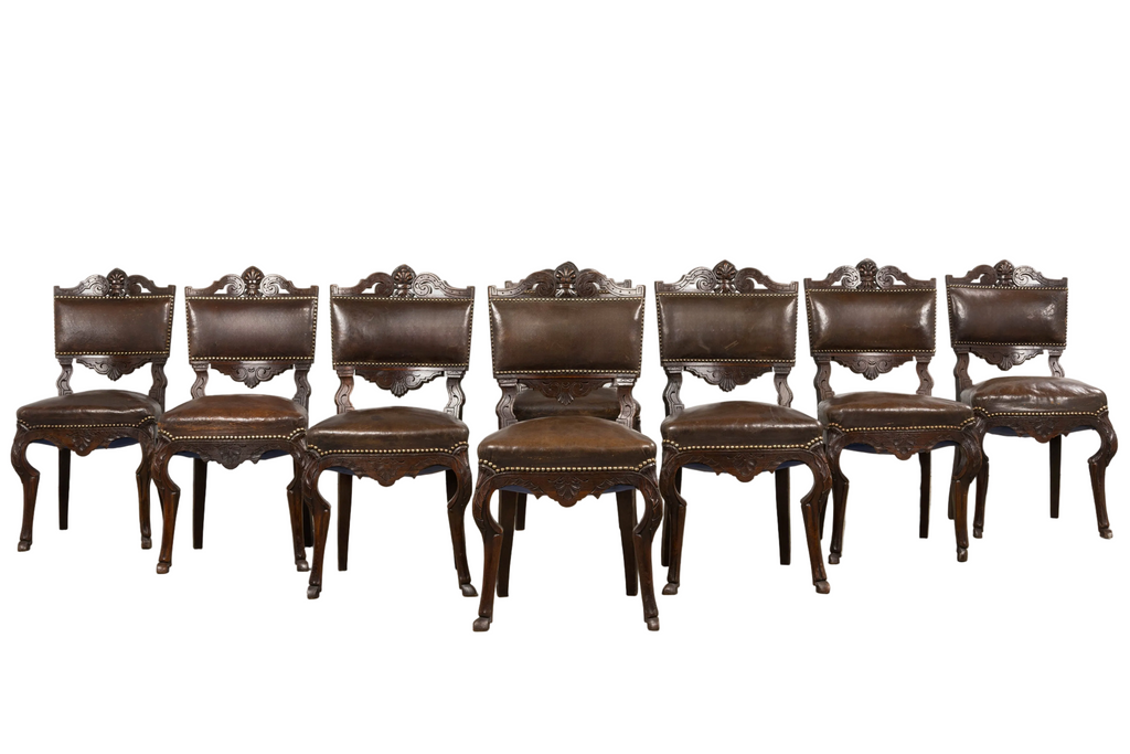 Antique French Louis XV Style Oak Dining Chairs W/ Brown Leather - Set of 8