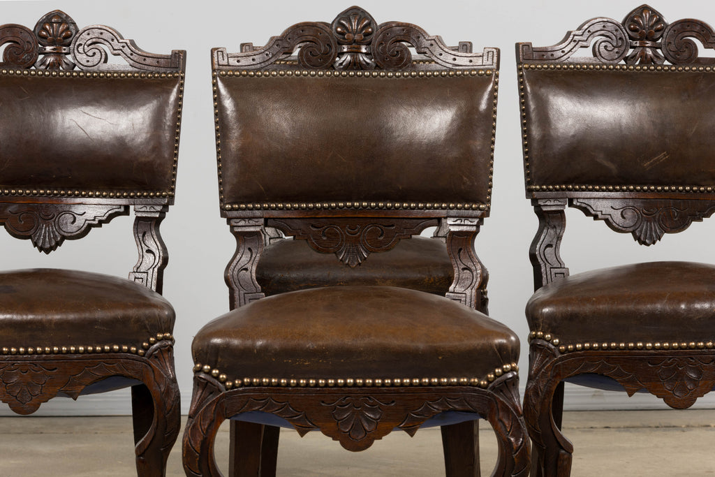 Antique French Louis XV Style Oak Dining Chairs W/ Brown Leather - Set of 8