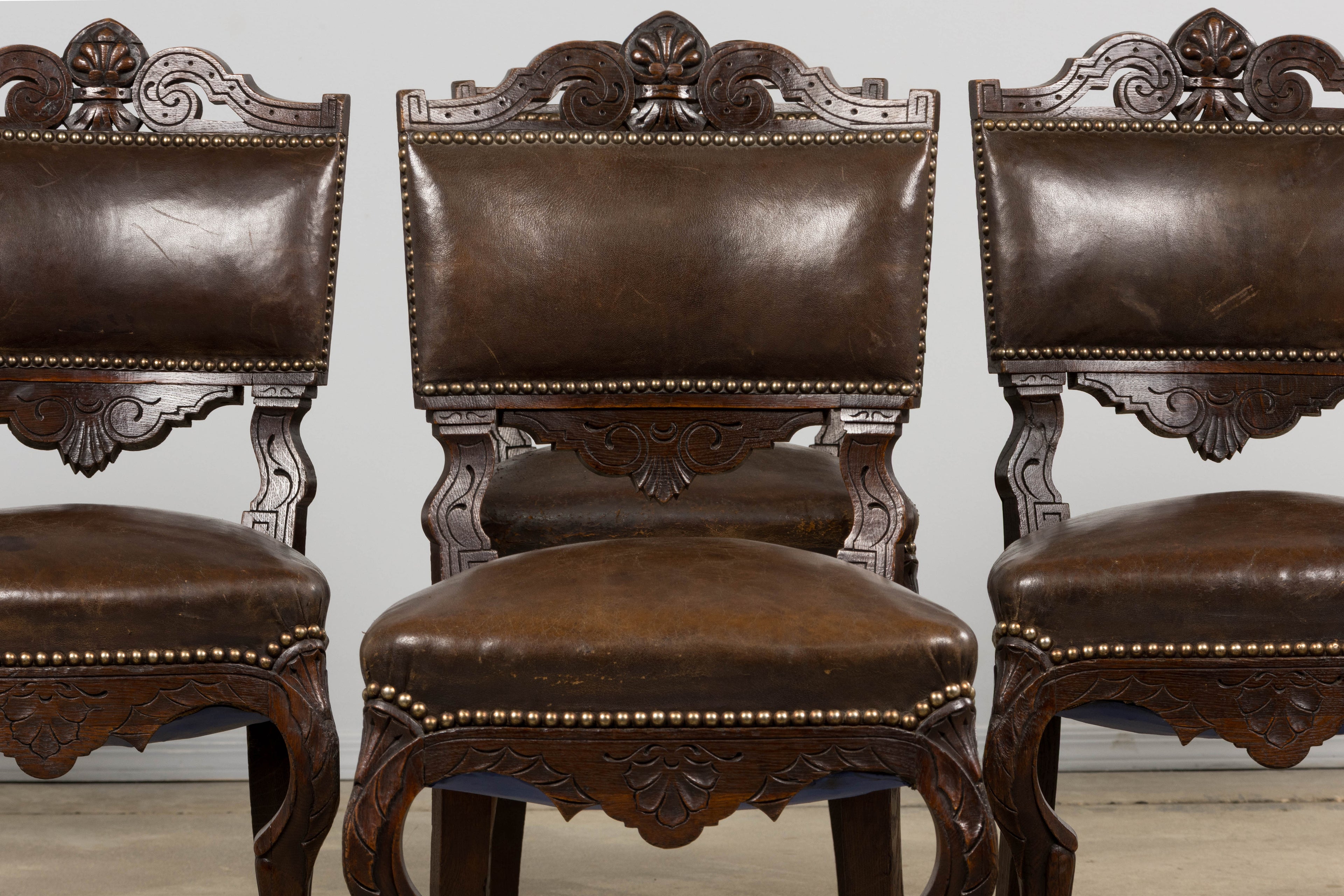 Antique French Louis XV Style Oak Dining Chairs W/ Brown Leather - Set of 8
