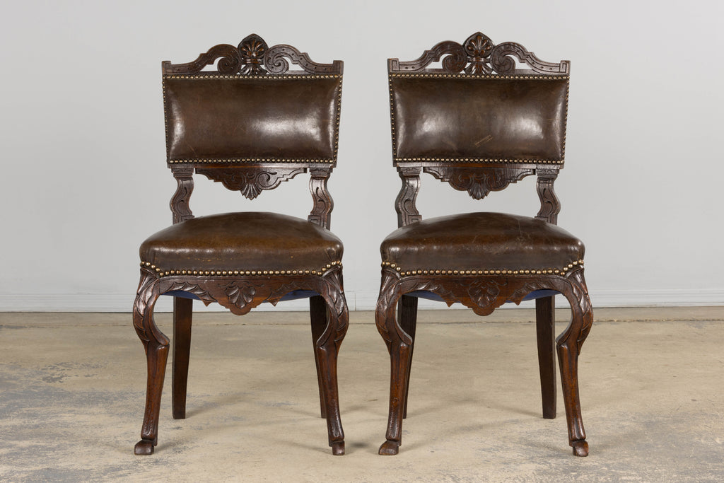 Antique French Louis XV Style Oak Dining Chairs W/ Brown Leather - Set of 8