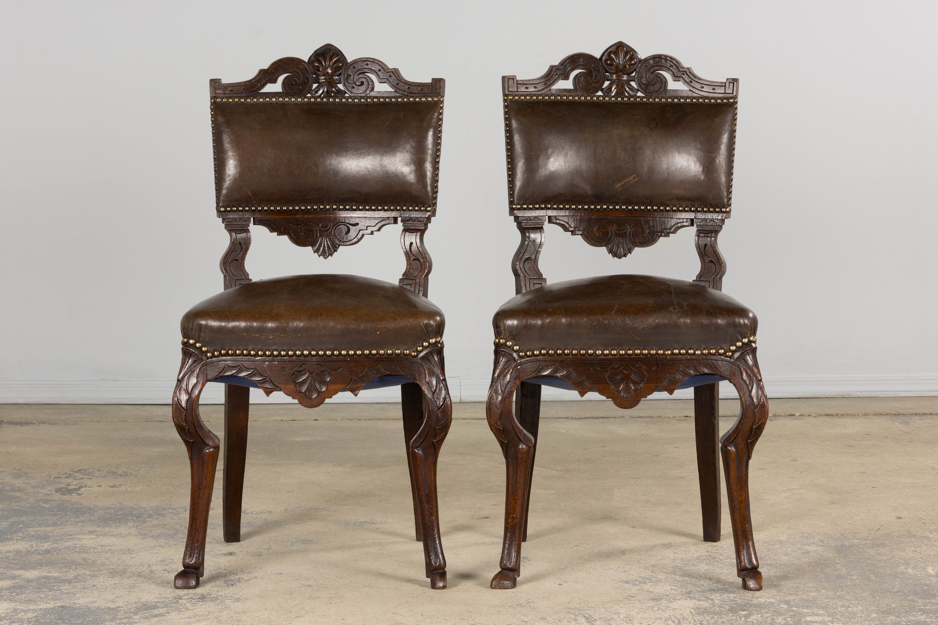 Antique French Louis XV Style Oak Dining Chairs W/ Brown Leather - Set of 8
