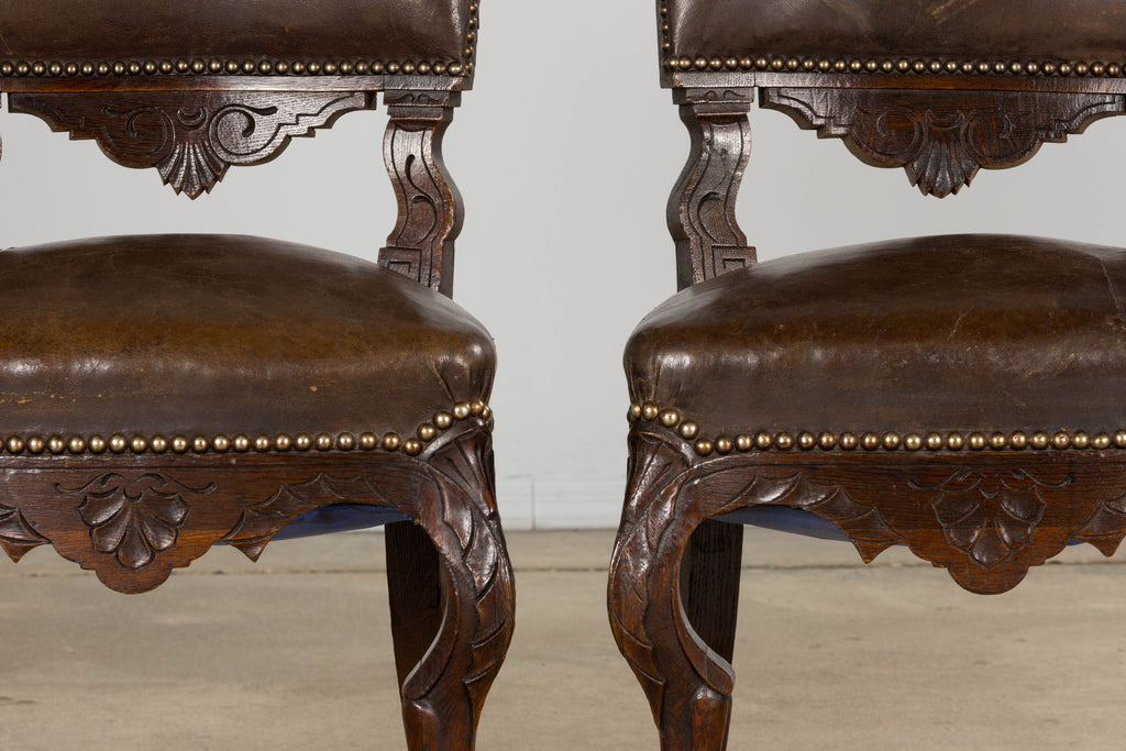 Antique French Louis XV Style Oak Dining Chairs W/ Brown Leather - Set of 8