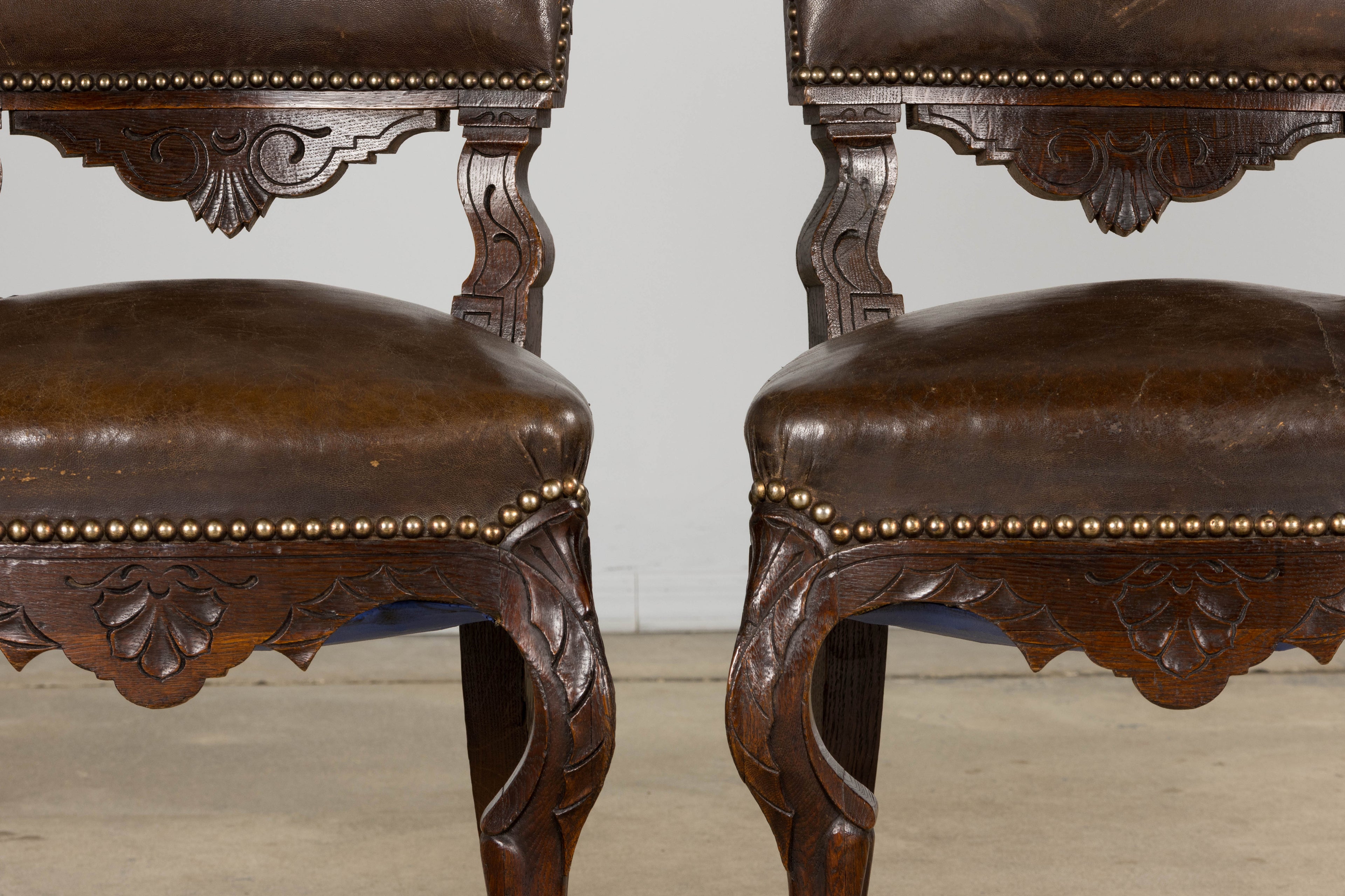 Antique French Louis XV Style Oak Dining Chairs W/ Brown Leather - Set of 8