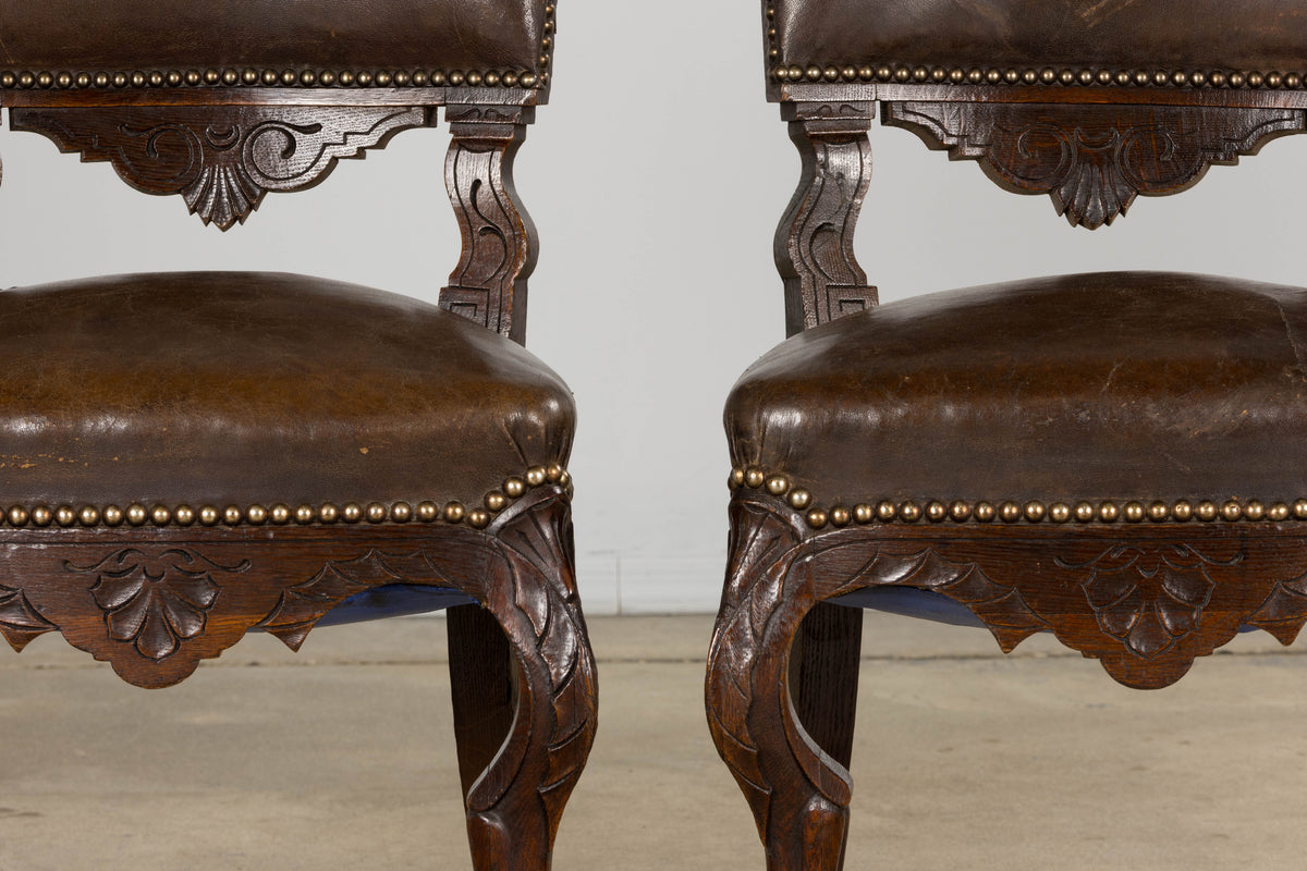 Antique French Louis XV Style Oak Dining Chairs W/ Brown Leather - Set of 8