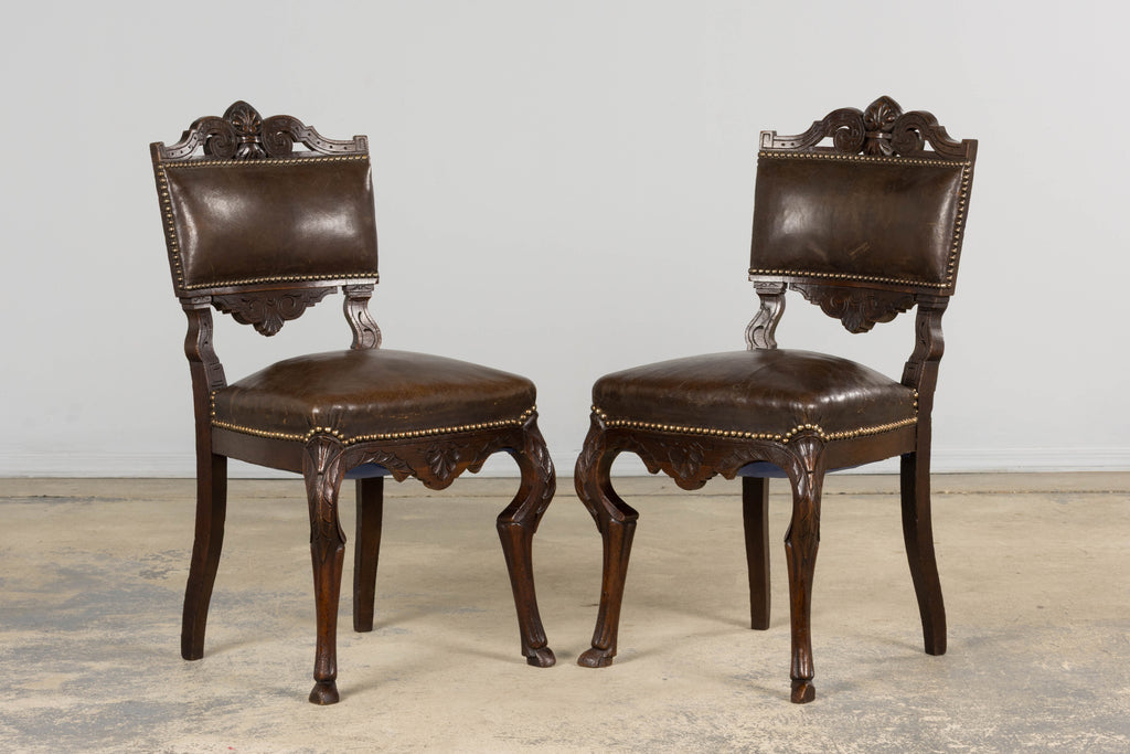 Antique French Louis XV Style Oak Dining Chairs W/ Brown Leather - Set of 8