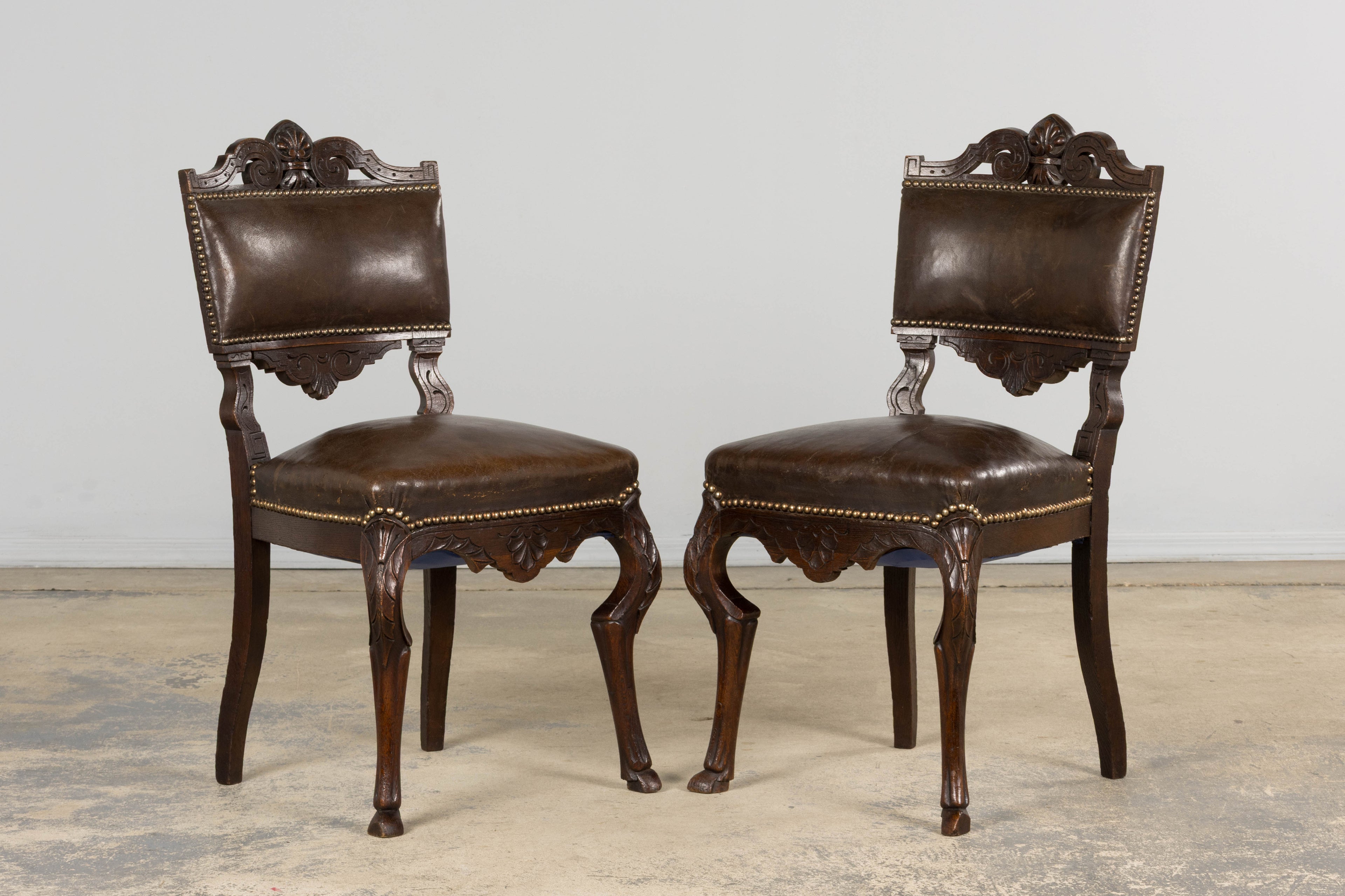 Antique French Louis XV Style Oak Dining Chairs W/ Brown Leather - Set of 8