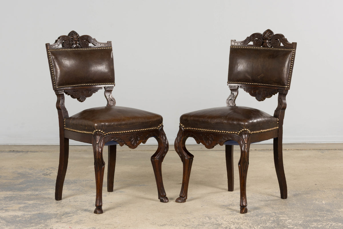 Antique French Louis XV Style Oak Dining Chairs W/ Brown Leather - Set of 8