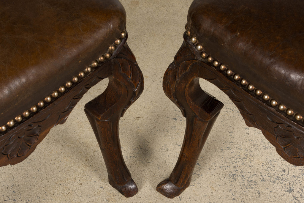 Antique French Louis XV Style Oak Dining Chairs W/ Brown Leather - Set of 8