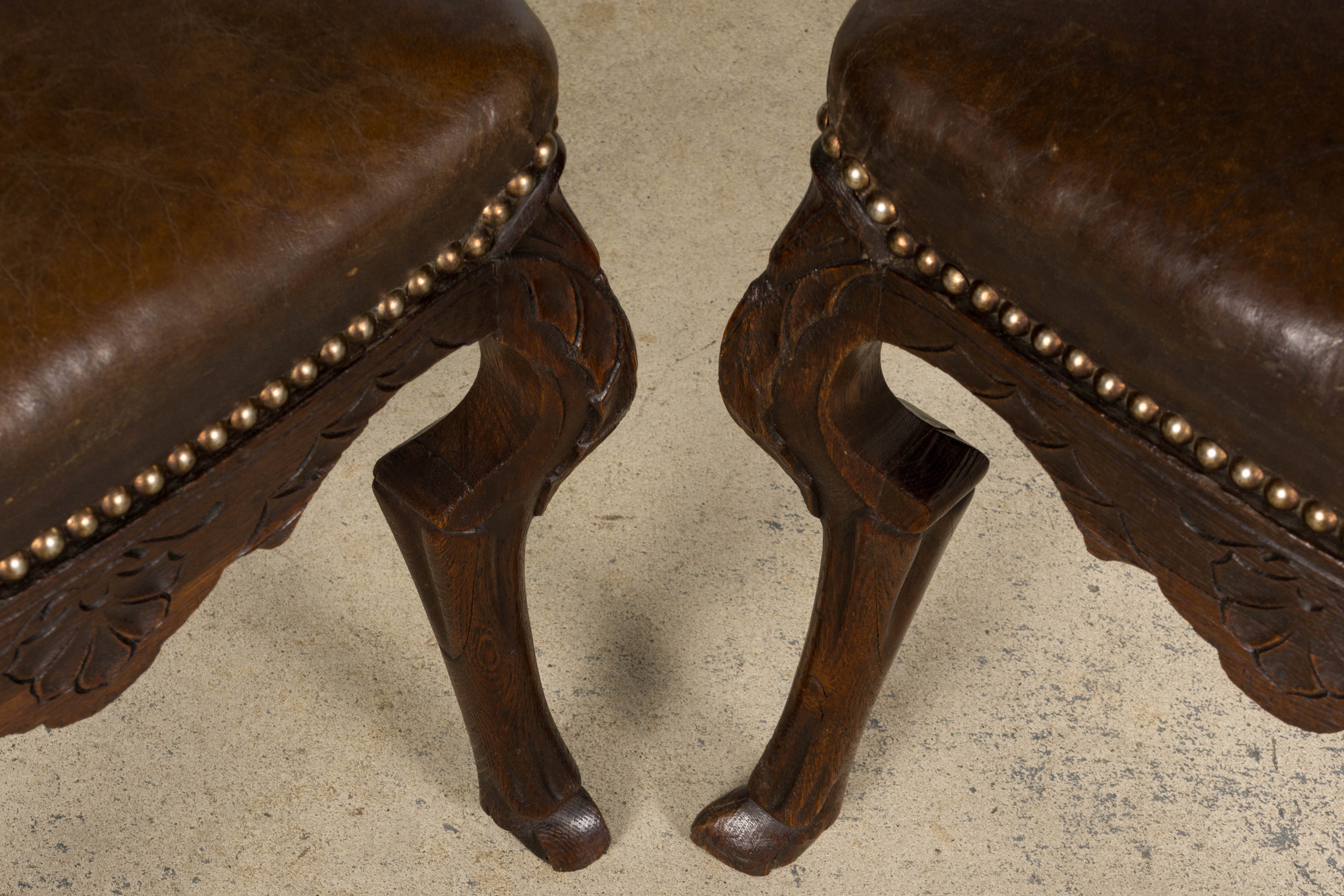 Antique French Louis XV Style Oak Dining Chairs W/ Brown Leather - Set of 8