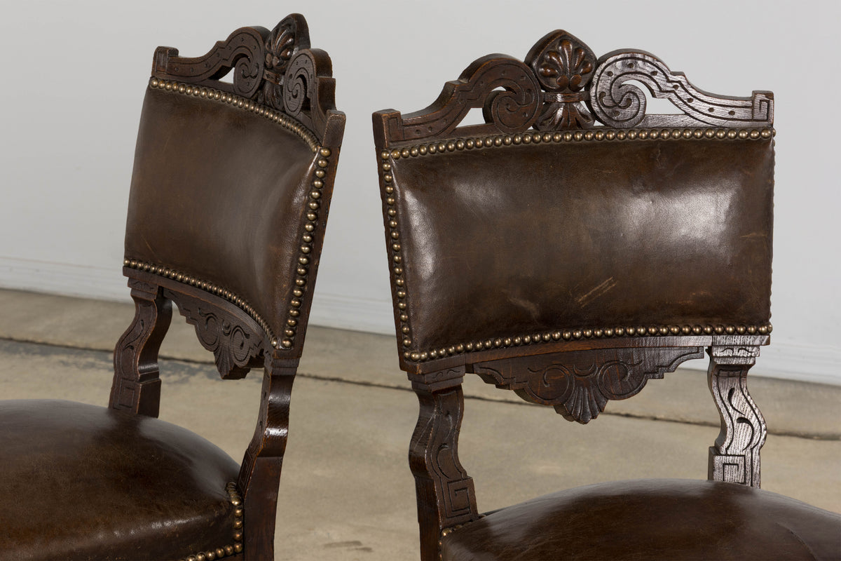 Antique French Louis XV Style Oak Dining Chairs W/ Brown Leather - Set of 8