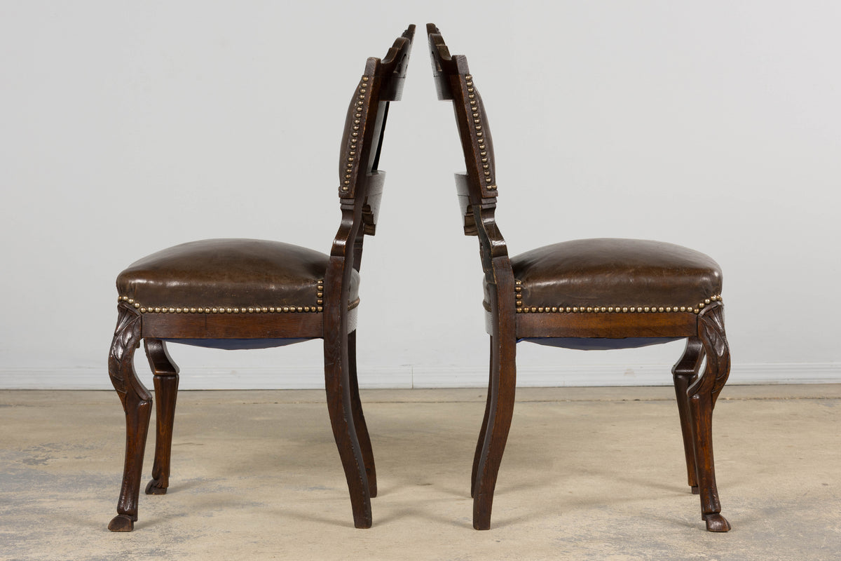 Antique French Louis XV Style Oak Dining Chairs W/ Brown Leather - Set of 8