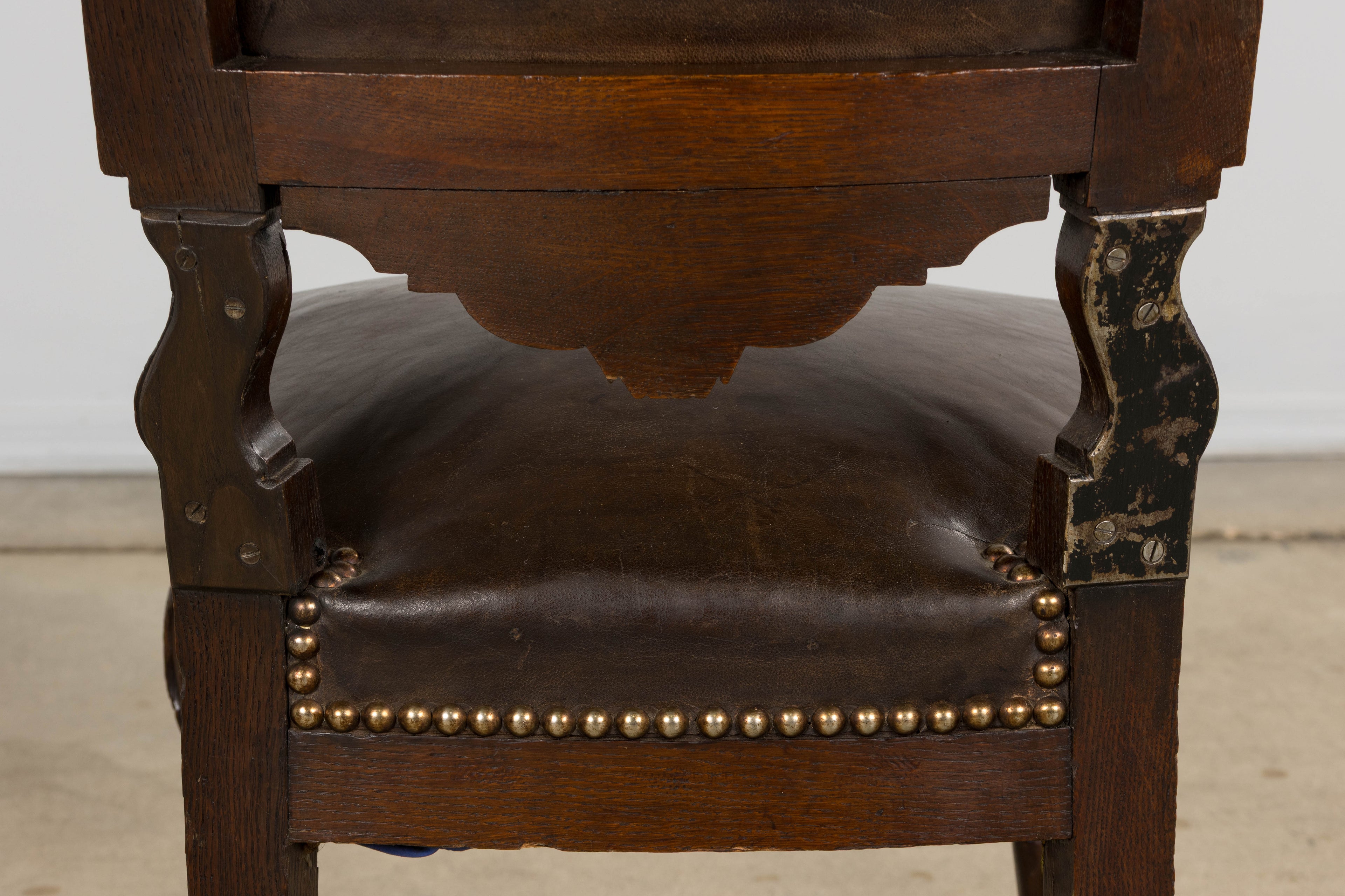 Antique French Louis XV Style Oak Dining Chairs W/ Brown Leather - Set of 8