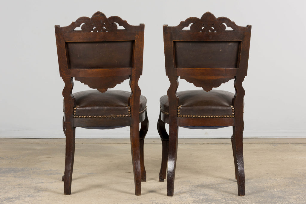 Antique French Louis XV Style Oak Dining Chairs W/ Brown Leather - Set of 8