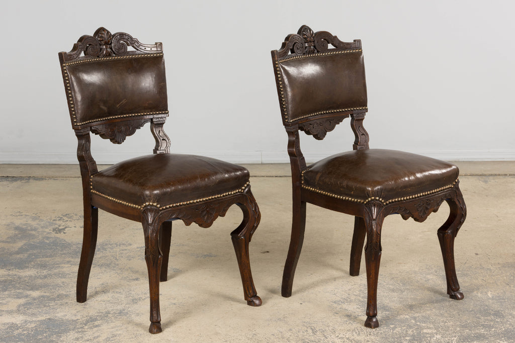 Antique French Louis XV Style Oak Dining Chairs W/ Brown Leather - Set of 8