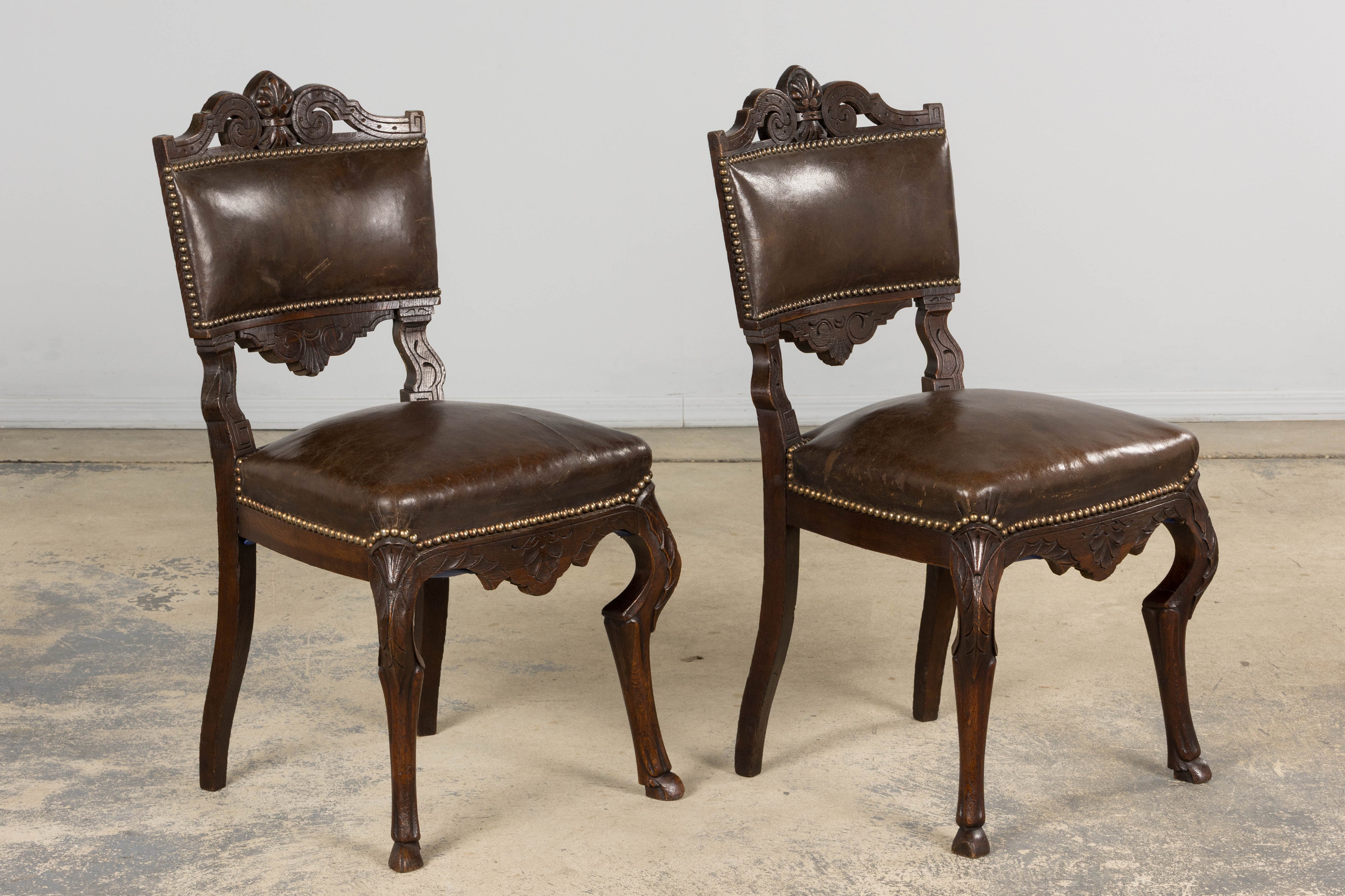 Antique French Louis XV Style Oak Dining Chairs W/ Brown Leather - Set of 8
