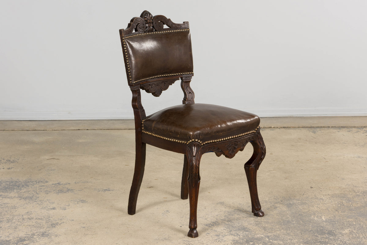 Antique French Louis XV Style Oak Dining Chairs W/ Brown Leather - Set of 8