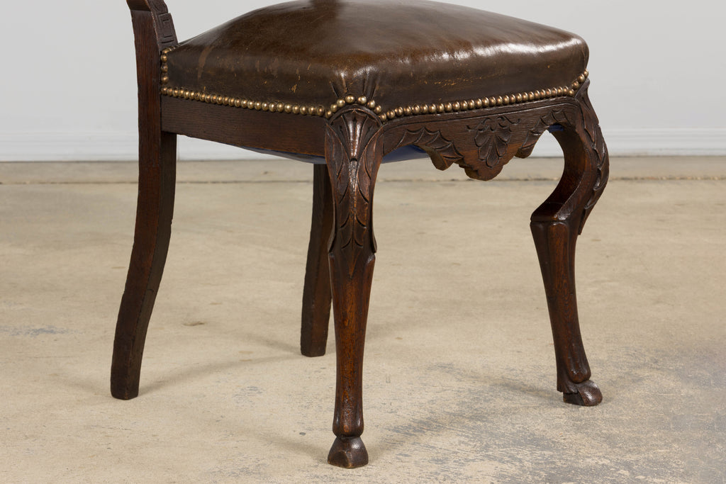 Antique French Louis XV Style Oak Dining Chairs W/ Brown Leather - Set of 8