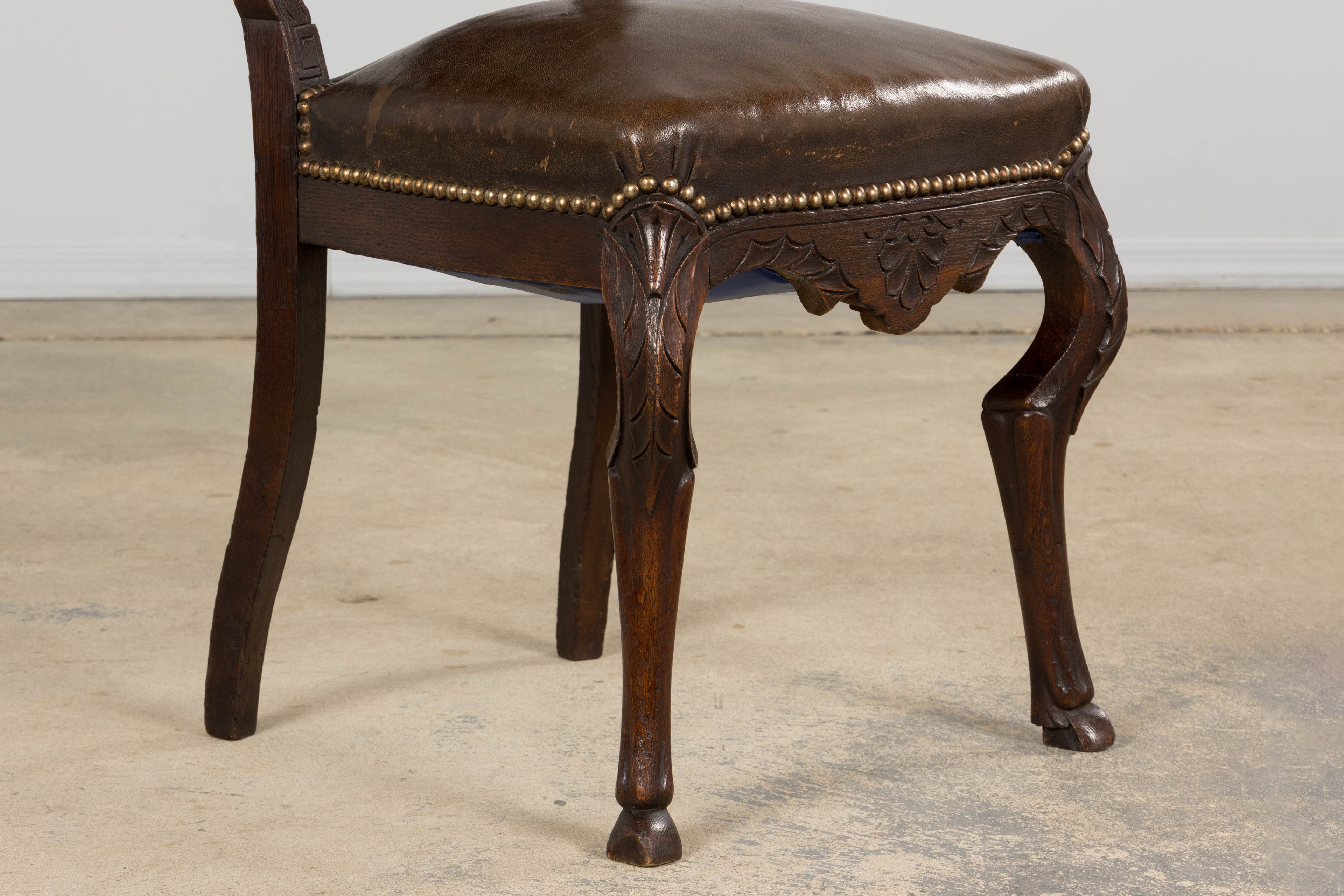 Antique French Louis XV Style Oak Dining Chairs W/ Brown Leather - Set of 8