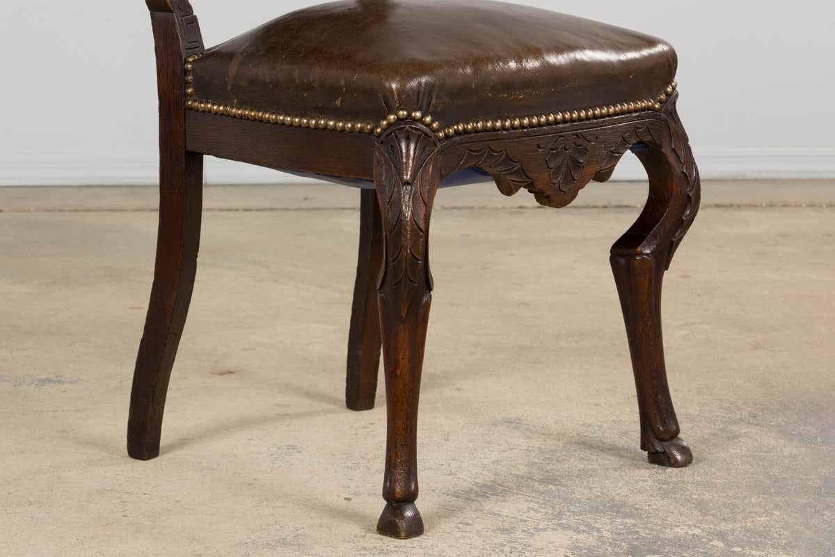 Antique French Louis XV Style Oak Dining Chairs W/ Brown Leather - Set of 8