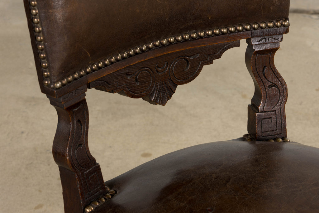 Antique French Louis XV Style Oak Dining Chairs W/ Brown Leather - Set of 8