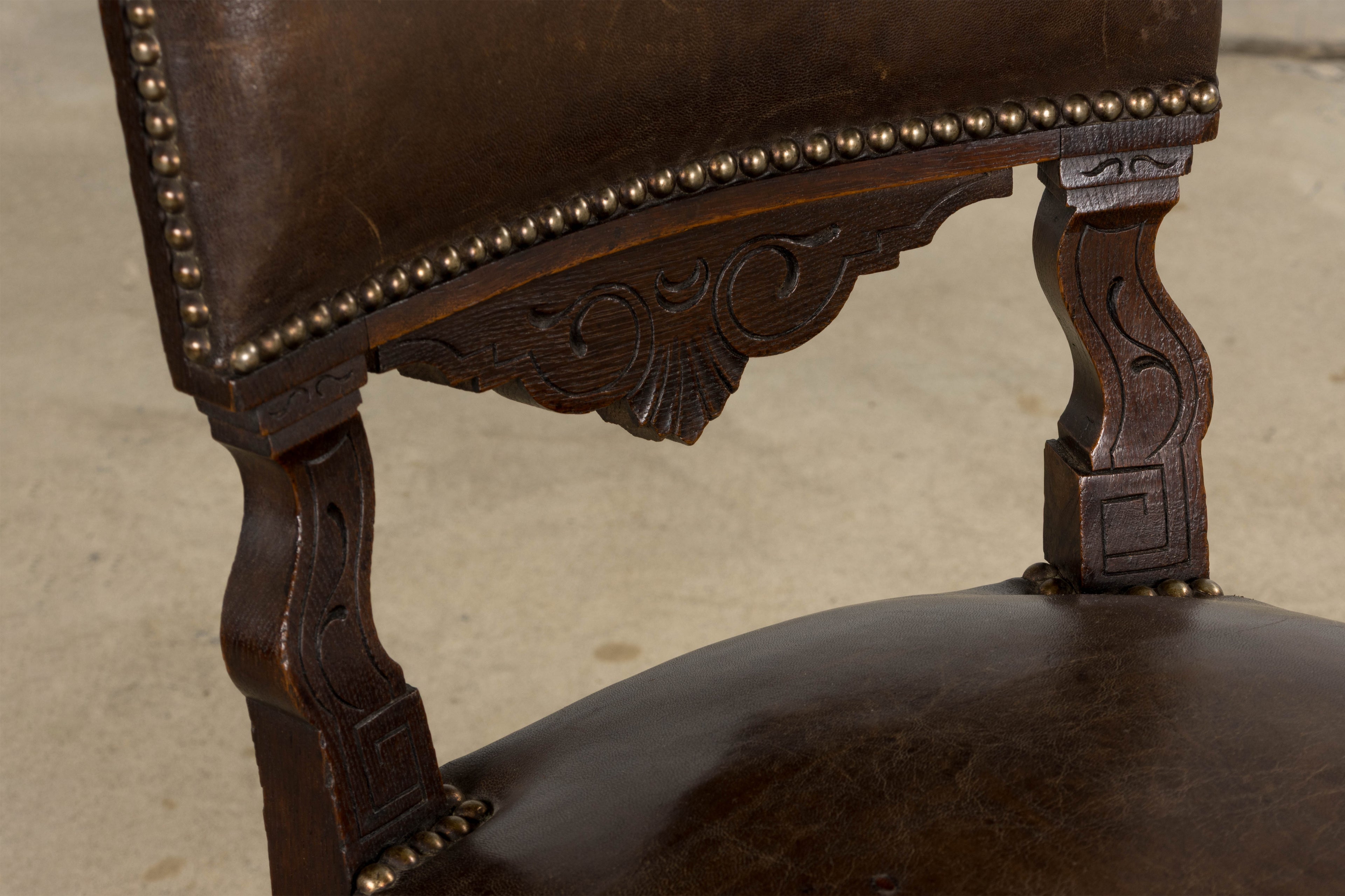 Antique French Louis XV Style Oak Dining Chairs W/ Brown Leather - Set of 8