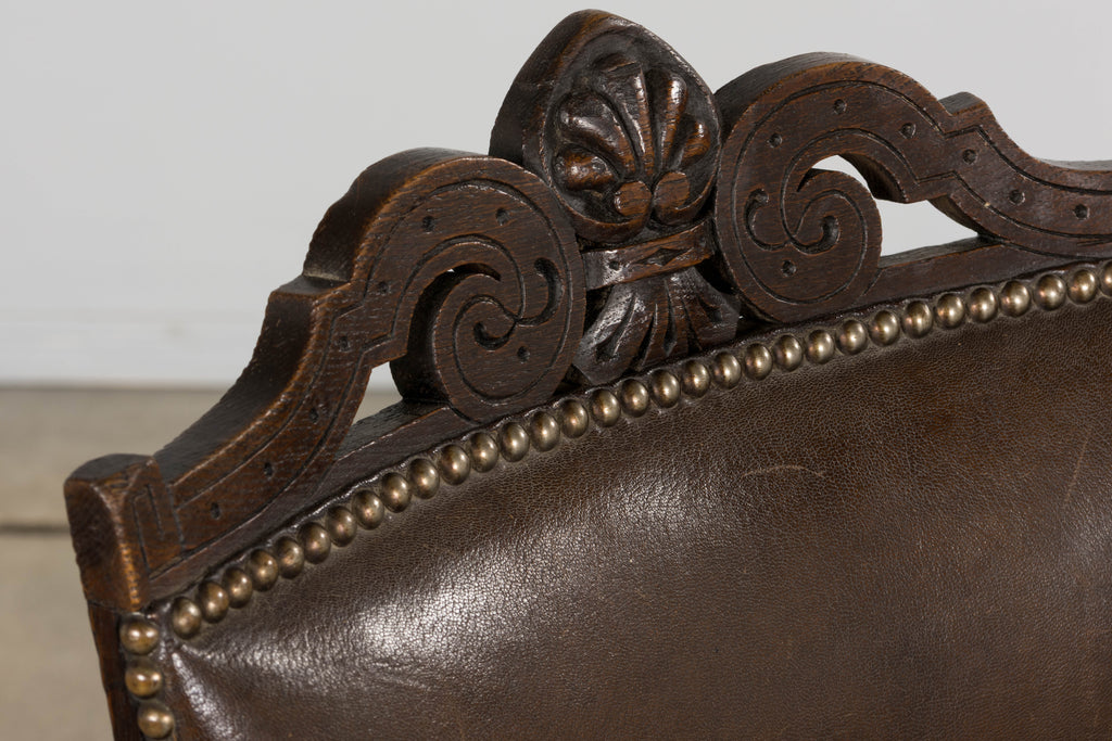 Antique French Louis XV Style Oak Dining Chairs W/ Brown Leather - Set of 8