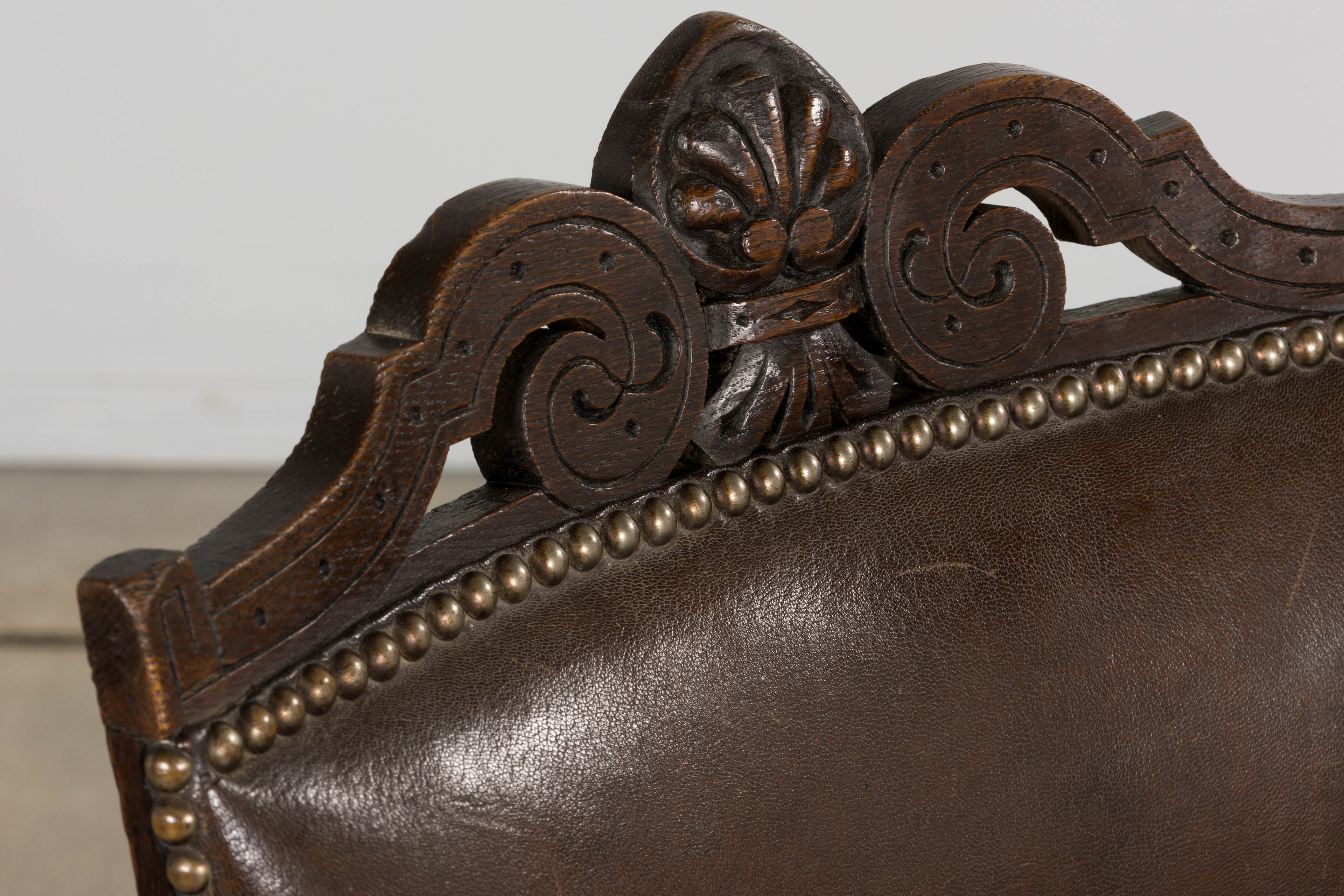 Antique French Louis XV Style Oak Dining Chairs W/ Brown Leather - Set of 8