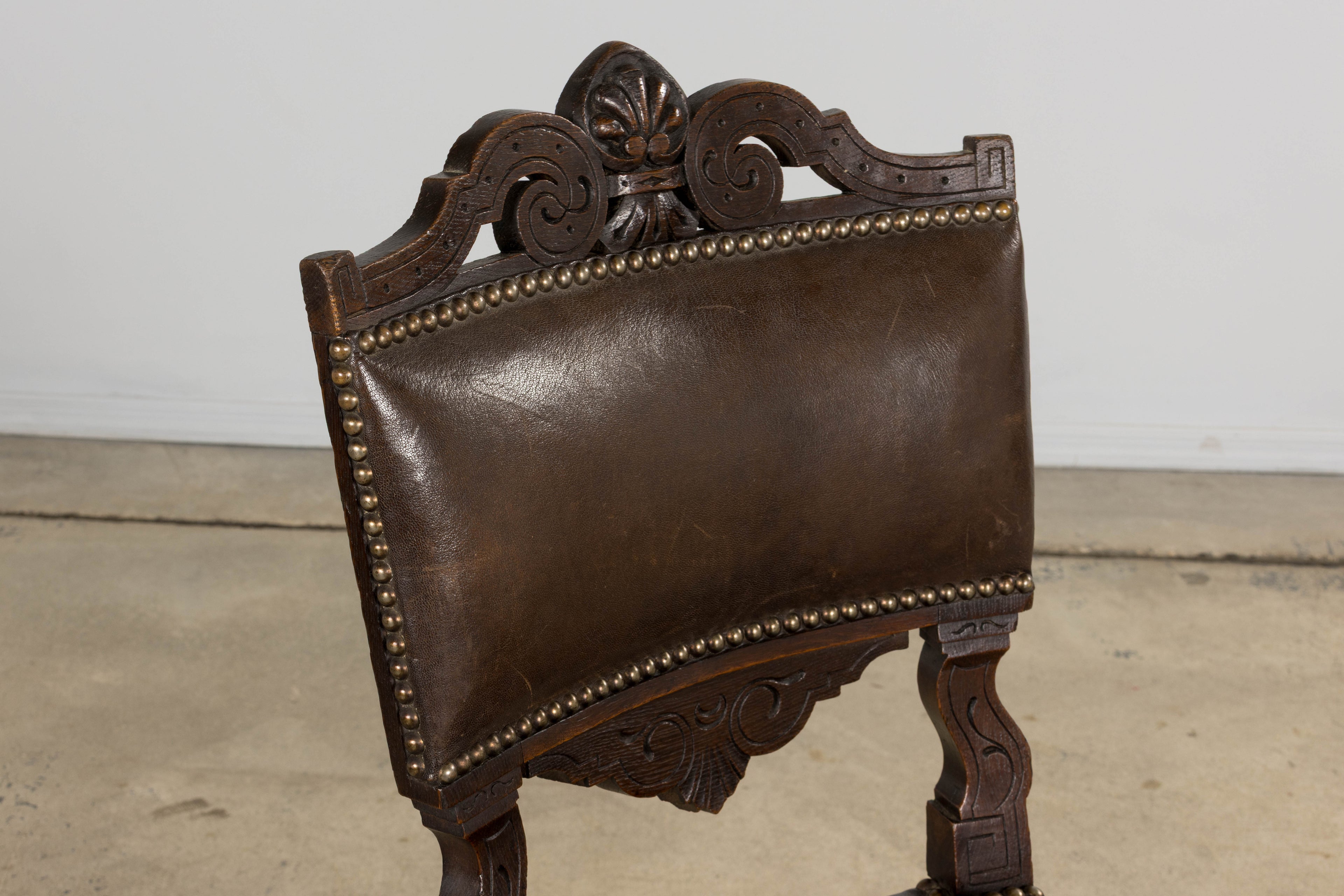 Antique French Louis XV Style Oak Dining Chairs W/ Brown Leather - Set of 8