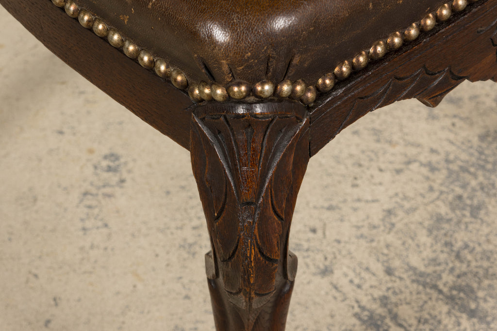 Antique French Louis XV Style Oak Dining Chairs W/ Brown Leather - Set of 8