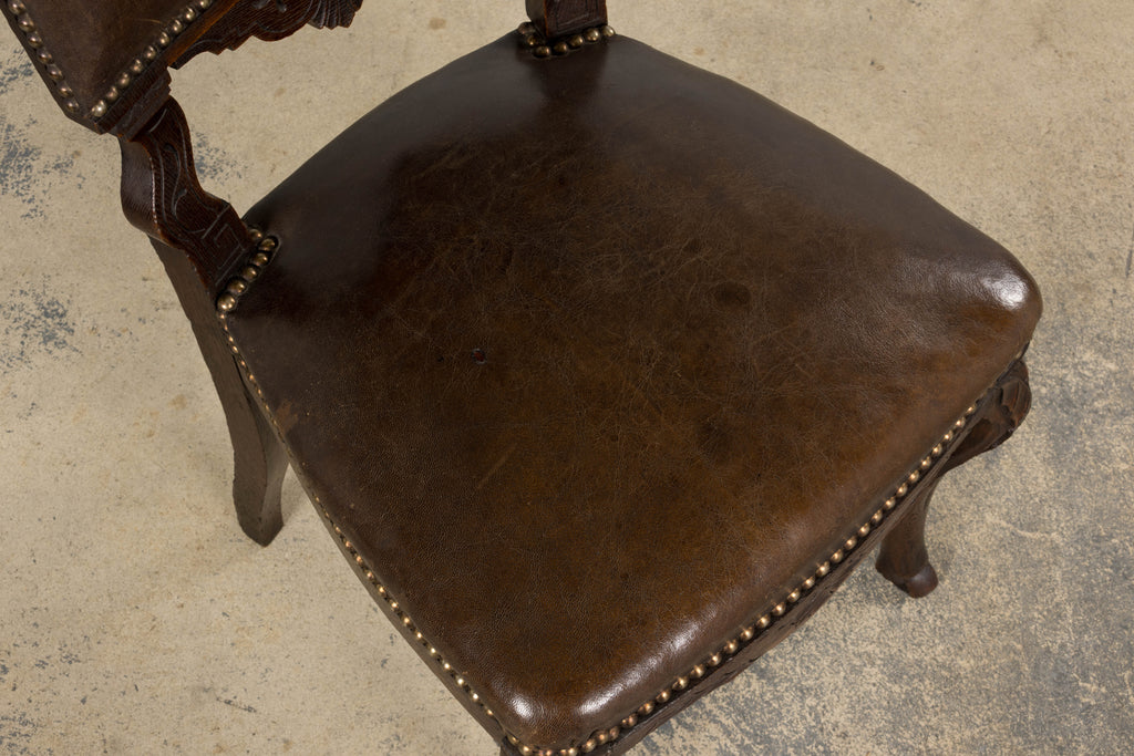 Antique French Louis XV Style Oak Dining Chairs W/ Brown Leather - Set of 8