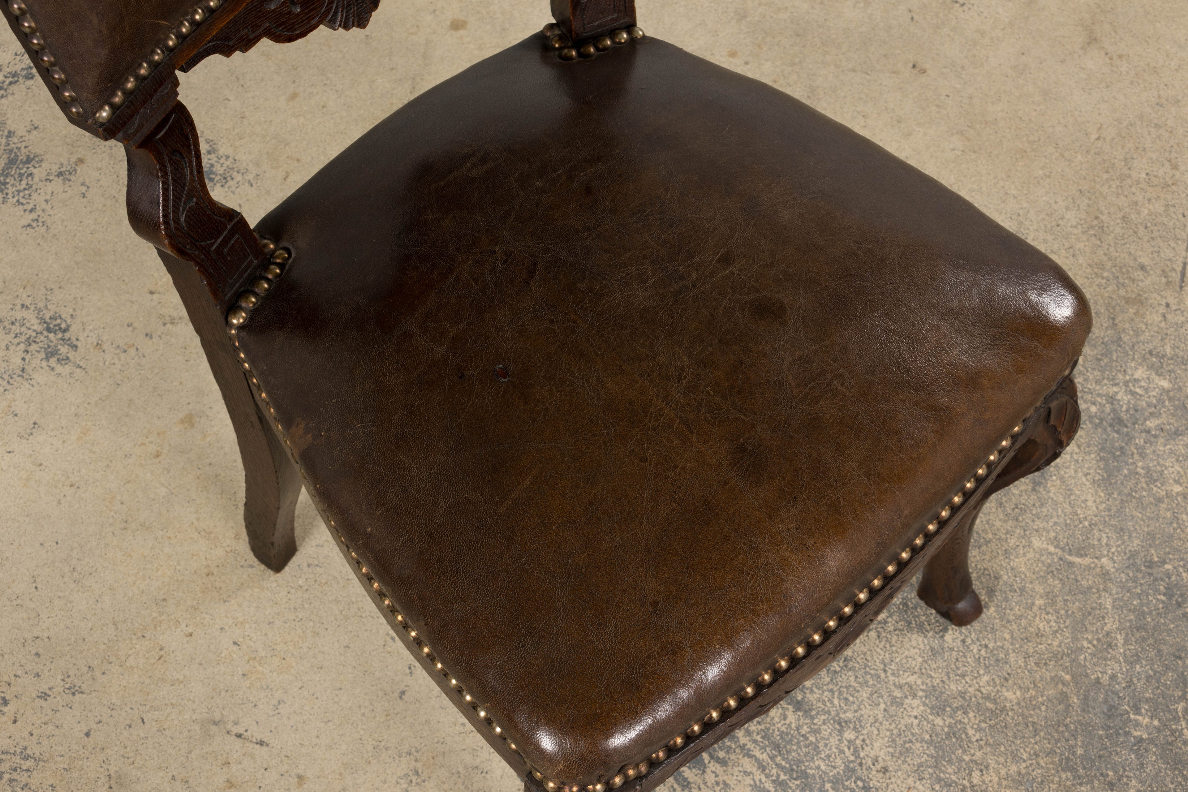 Antique French Louis XV Style Oak Dining Chairs W/ Brown Leather - Set of 8