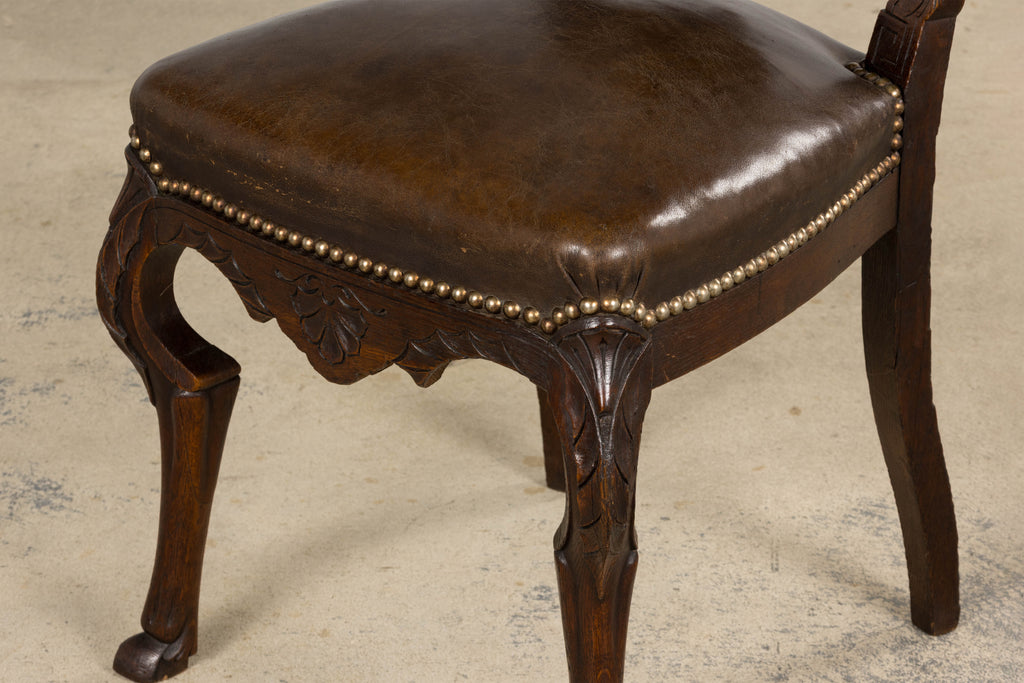 Antique French Louis XV Style Oak Dining Chairs W/ Brown Leather - Set of 8