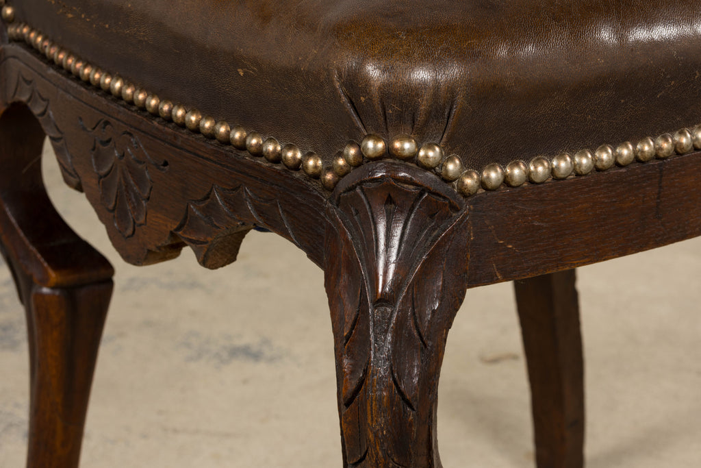 Antique French Louis XV Style Oak Dining Chairs W/ Brown Leather - Set of 8