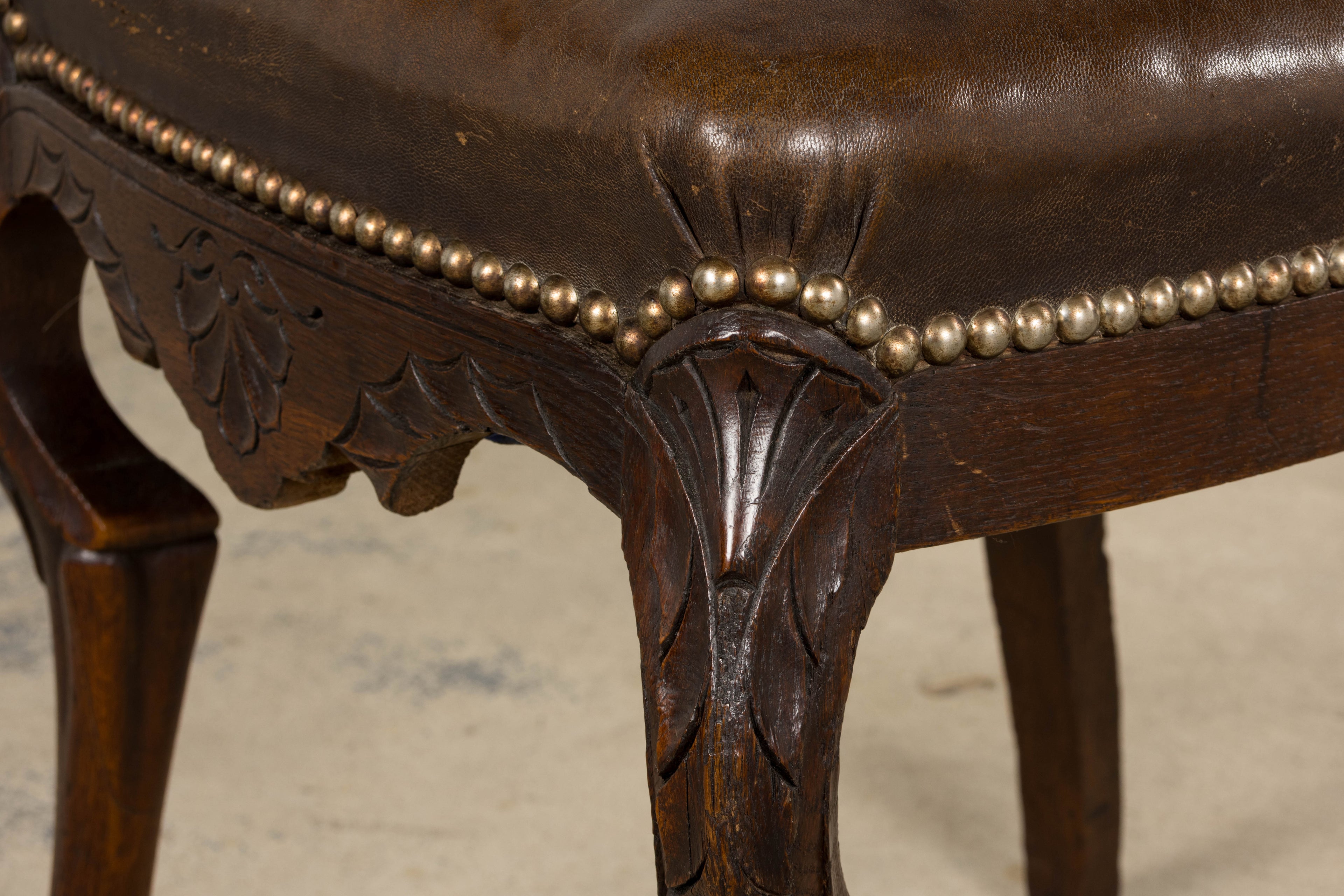 Antique French Louis XV Style Oak Dining Chairs W/ Brown Leather - Set of 8