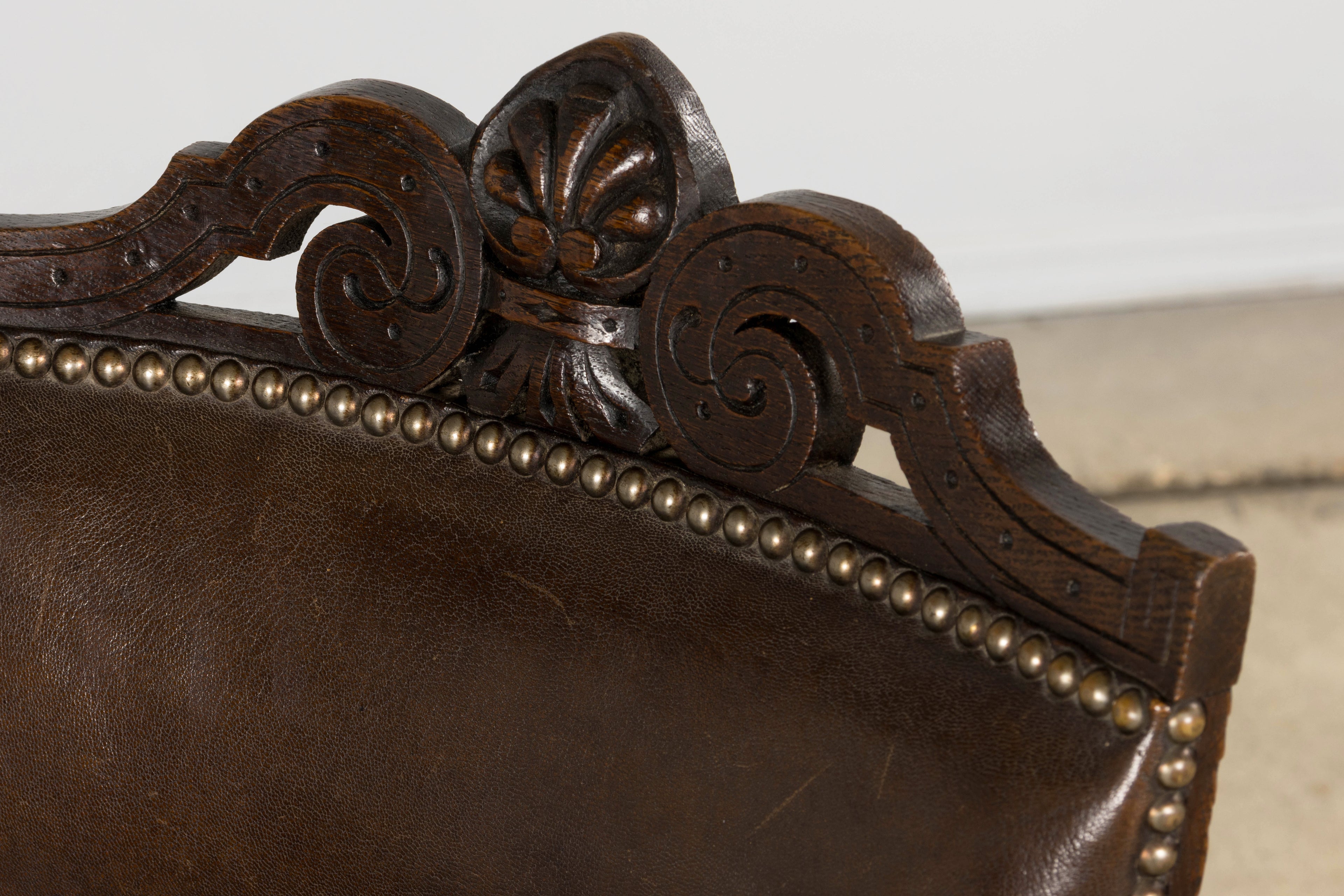 Antique French Louis XV Style Oak Dining Chairs W/ Brown Leather - Set of 8