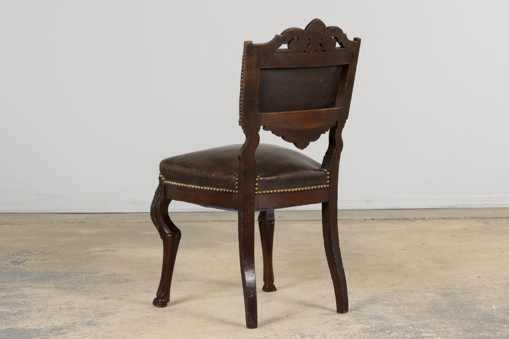 Antique French Louis XV Style Oak Dining Chairs W/ Brown Leather - Set of 8