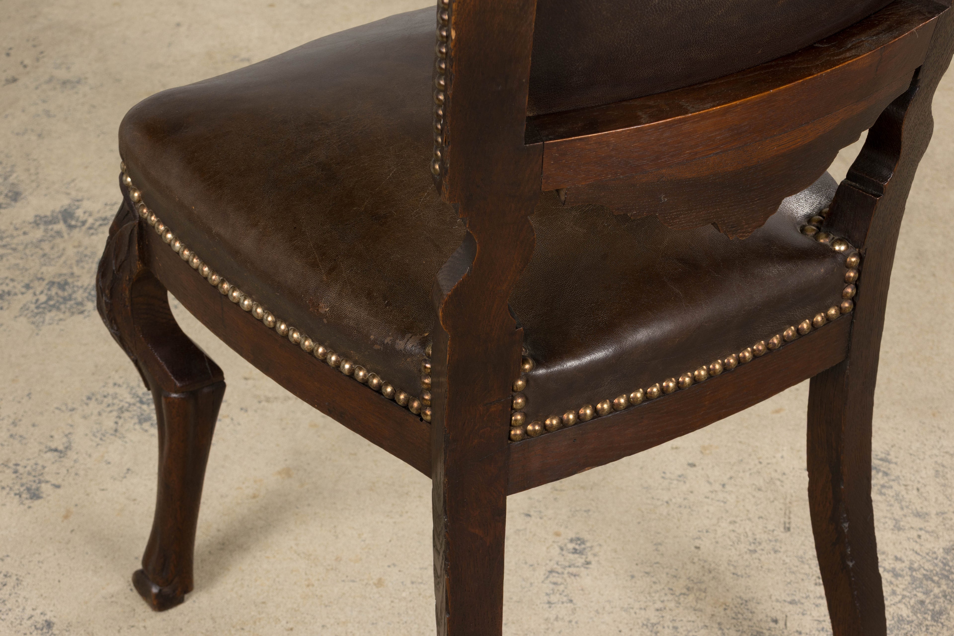 Antique French Louis XV Style Oak Dining Chairs W/ Brown Leather - Set of 8