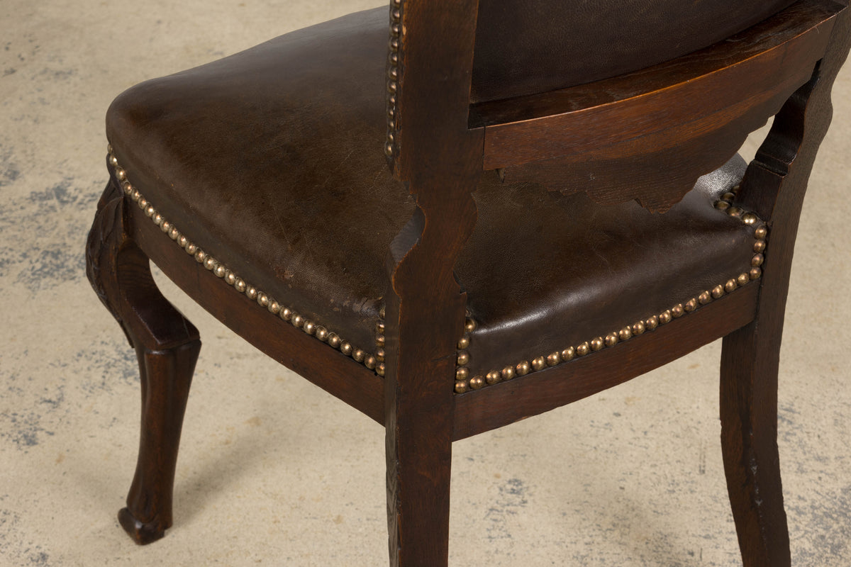 Antique French Louis XV Style Oak Dining Chairs W/ Brown Leather - Set of 8