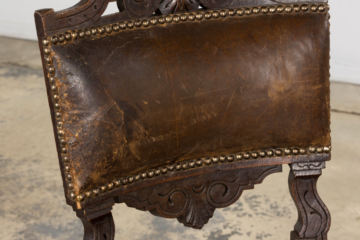 Antique French Louis XV Style Oak Dining Chairs W/ Brown Leather - Set of 8