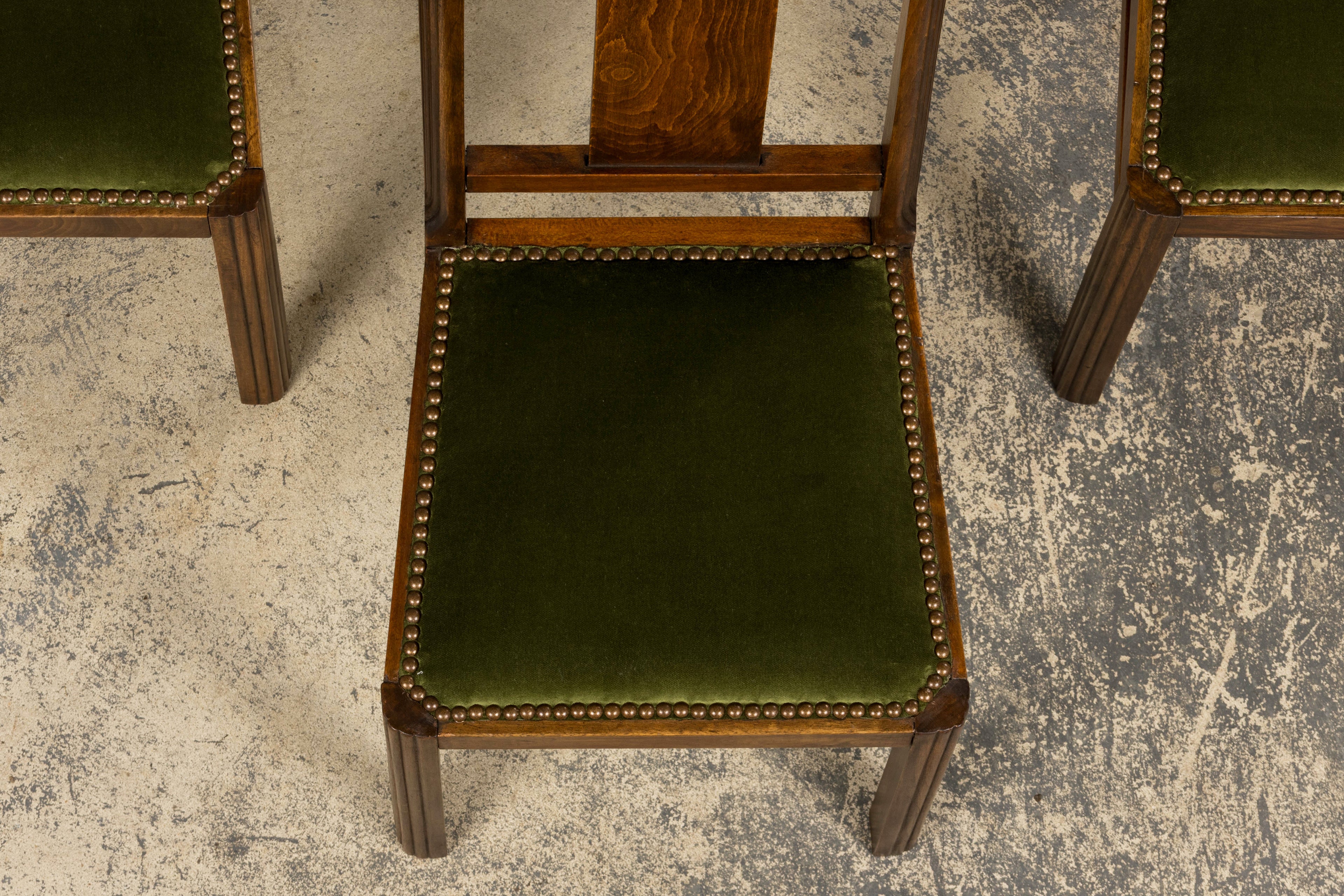 1930s French Art Deco Maple Dining Chairs W/ Olive Green Velvet - Set of 6