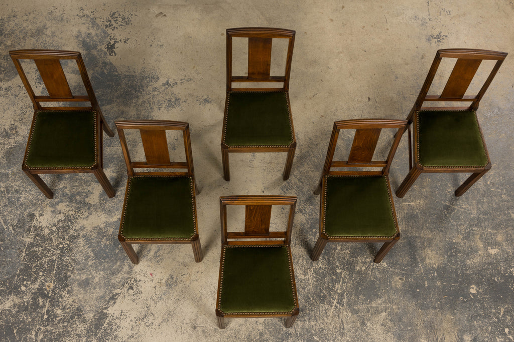 1930s French Art Deco Maple Dining Chairs W/ Olive Green Velvet - Set of 6