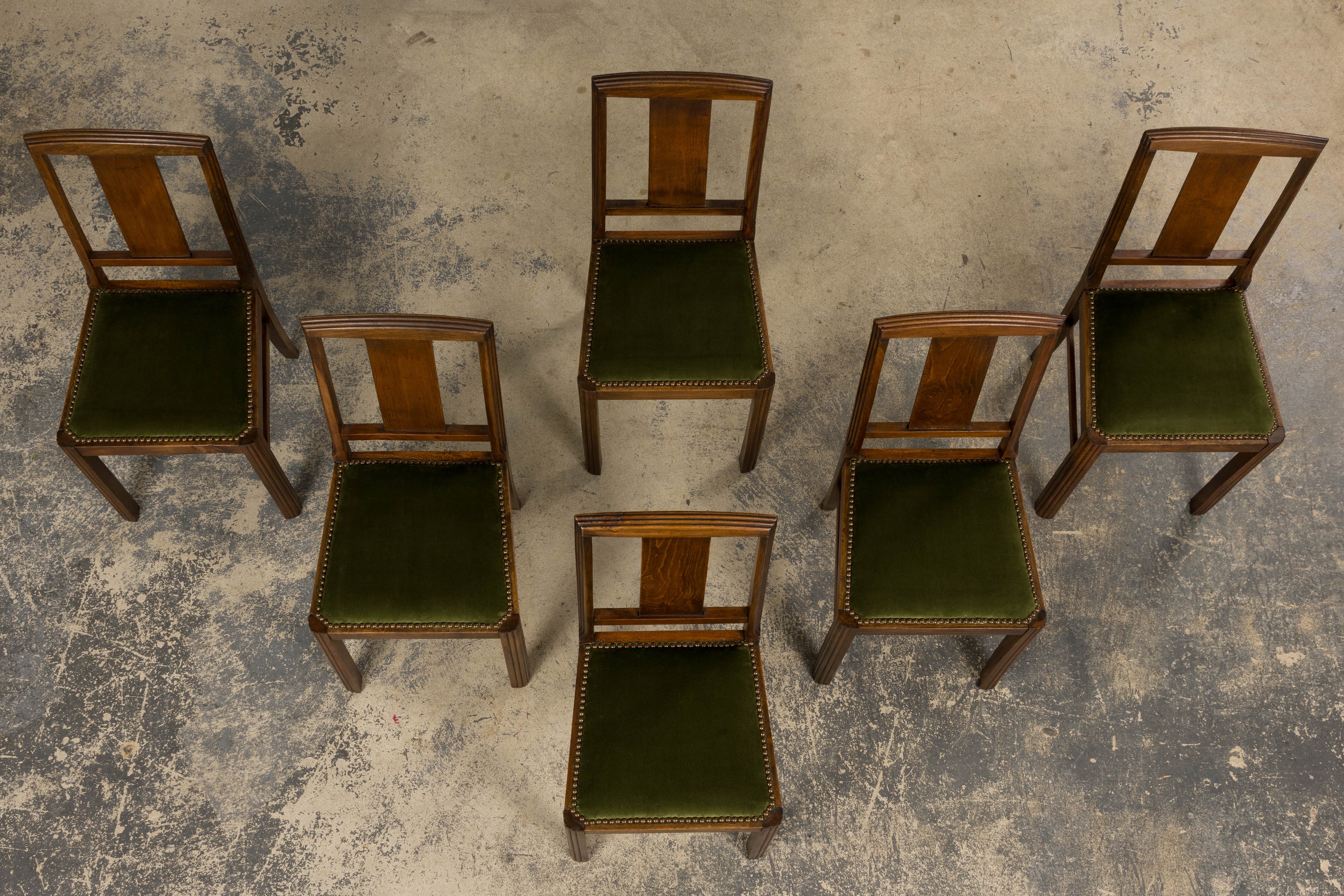 1930s French Art Deco Maple Dining Chairs W/ Olive Green Velvet - Set of 6