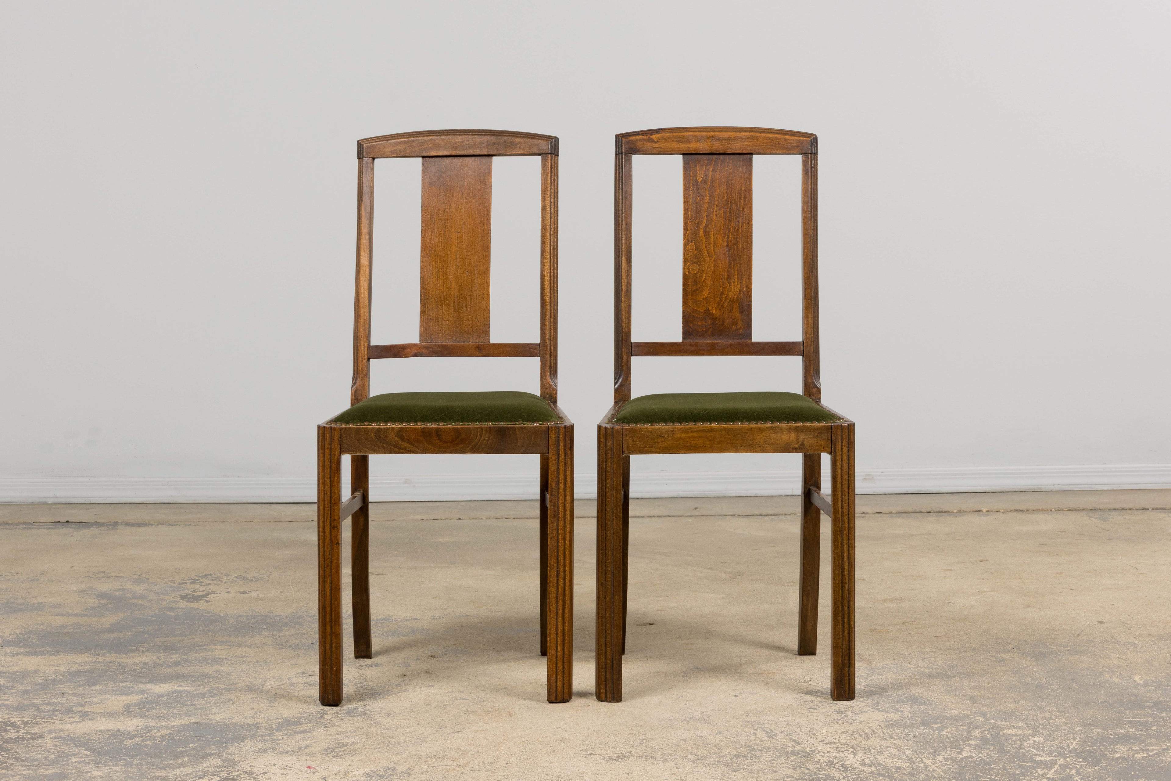 1930s French Art Deco Maple Dining Chairs W/ Olive Green Velvet - Set of 6