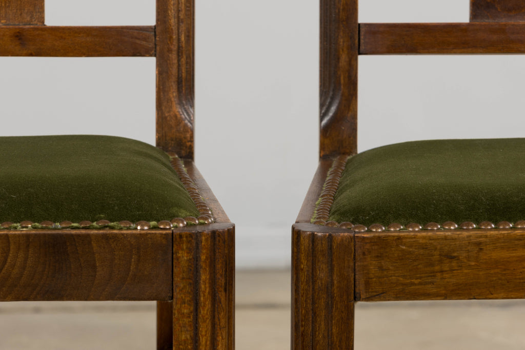 1930s French Art Deco Maple Dining Chairs W/ Olive Green Velvet - Set of 6