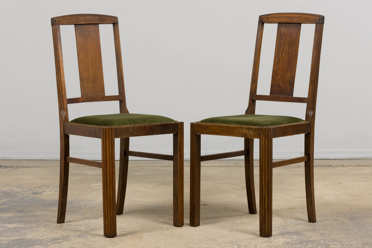 1930s French Art Deco Maple Dining Chairs W/ Olive Green Velvet - Set of 6