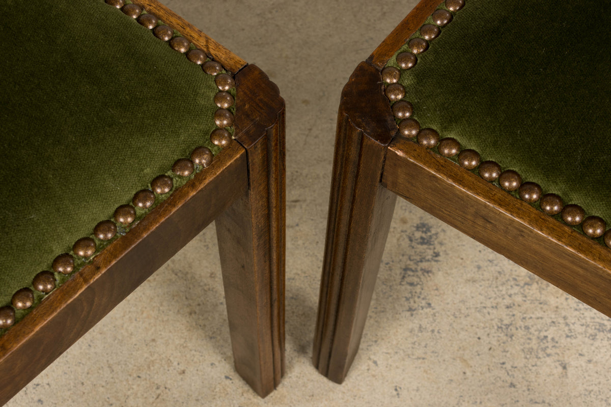 1930s French Art Deco Maple Dining Chairs W/ Olive Green Velvet - Set of 6
